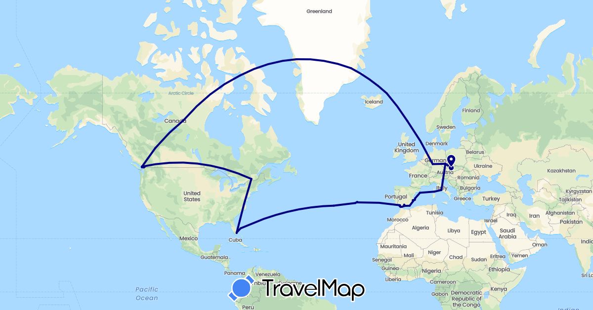 TravelMap itinerary: driving in Canada, Czech Republic, Germany, Spain, Italy, Portugal, United States (Europe, North America)