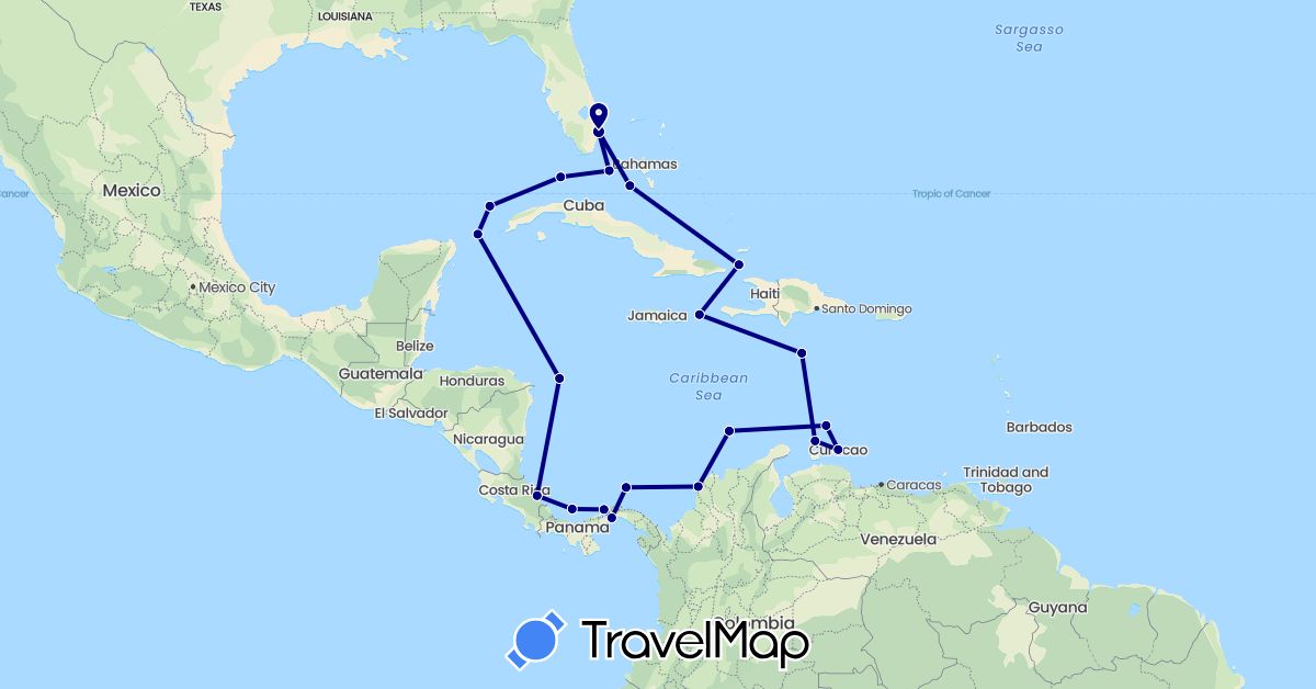 TravelMap itinerary: driving in Colombia, Costa Rica, Netherlands, Panama, United States (Europe, North America, South America)
